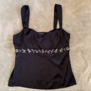 Tahari ASL metallic threading embellished shiny satin black sleeveless top